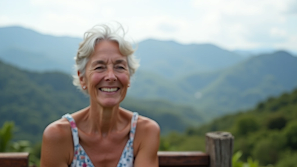 Persona mayor sonriente sentada en una banca de madera mirando el horizonte en un mirador montañoso con cielo azul